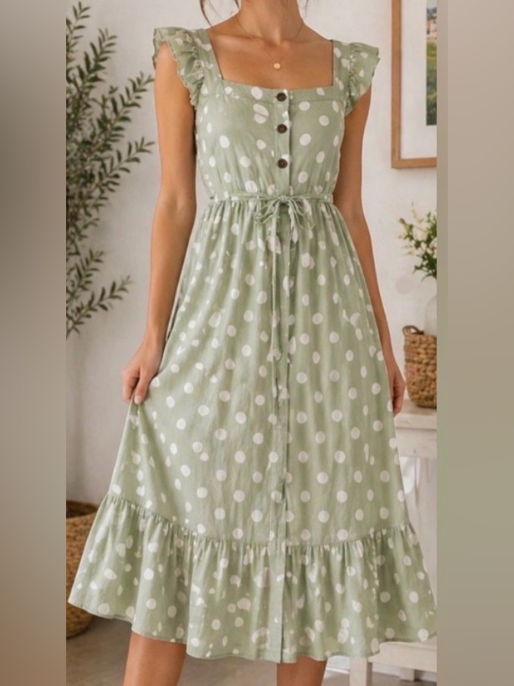 Monteau LA Sage Green Polka Dot Midi Dress XS Button Front Cottagecore
